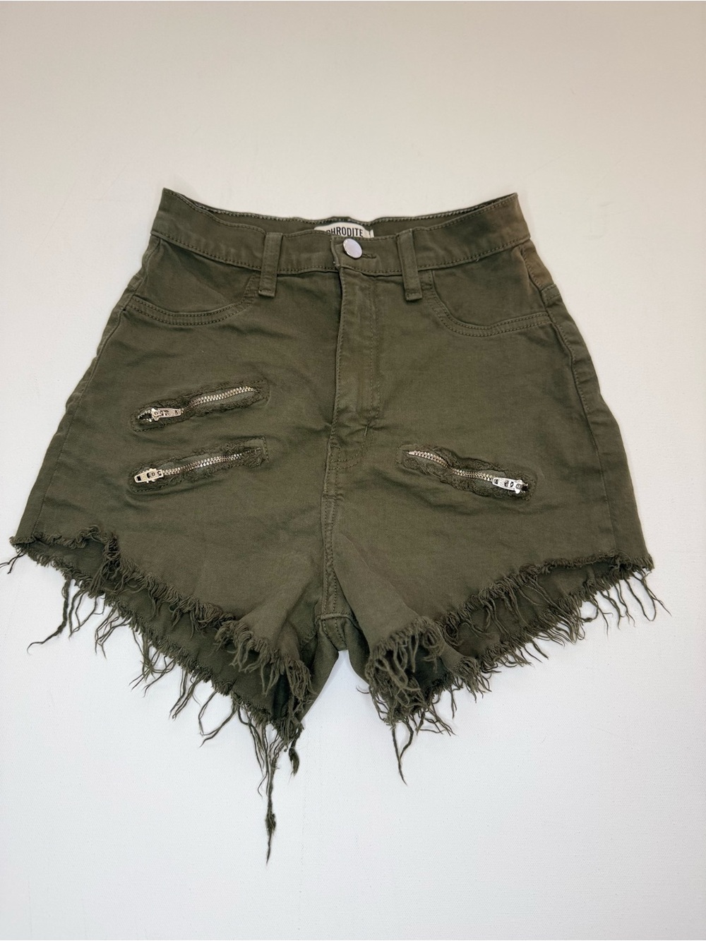Aphrodite Olive Green High-Waist Distressed Zip Shorts